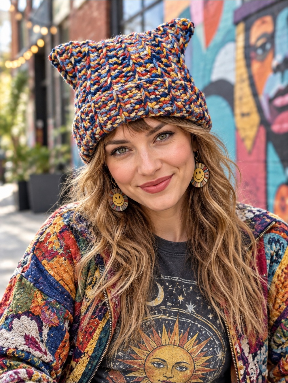 Handmade Multicolor Cat Ear Beanie Chunky Textured Hat Funky Cozy Style